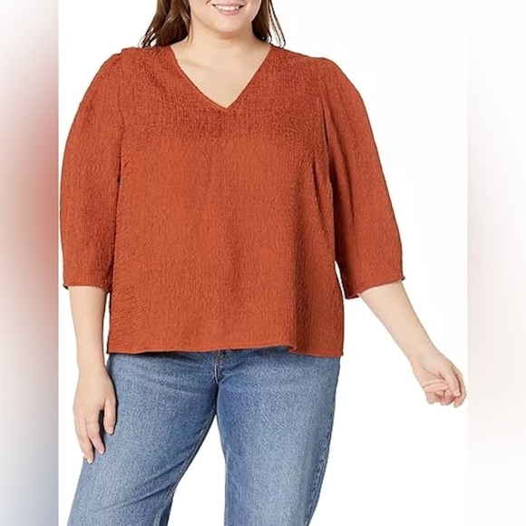 NEW Plus Calvin Klein V-Neck Pull on ¾ Sleeve Blouse Top Terra $109 - Picture 1 of 8